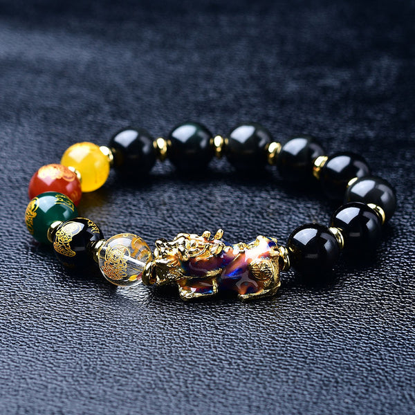 Natural Obsidian Bracelet - Five Wealth Gods & Pi Xiu Bead Bracelet