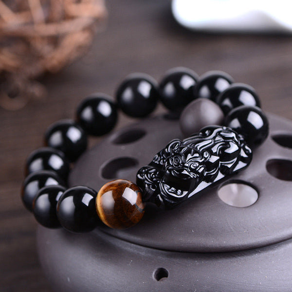 Tiger's Eye & Cat's Eye Beads —Black Obsidian Pi Xiu Bracelet