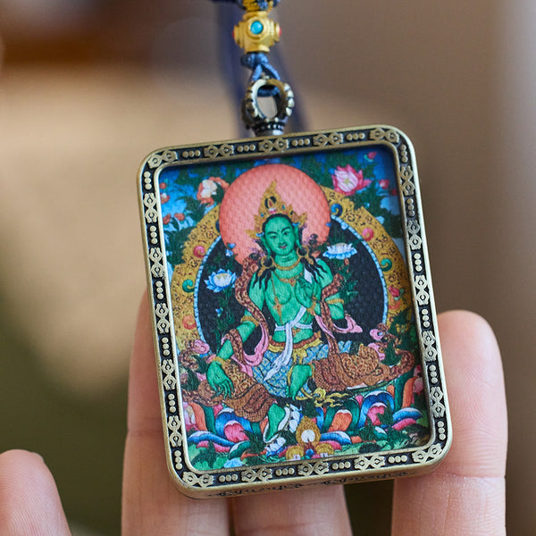 Compassion and Wisdom— Green Tara Thangka  Box Pendant Necklace