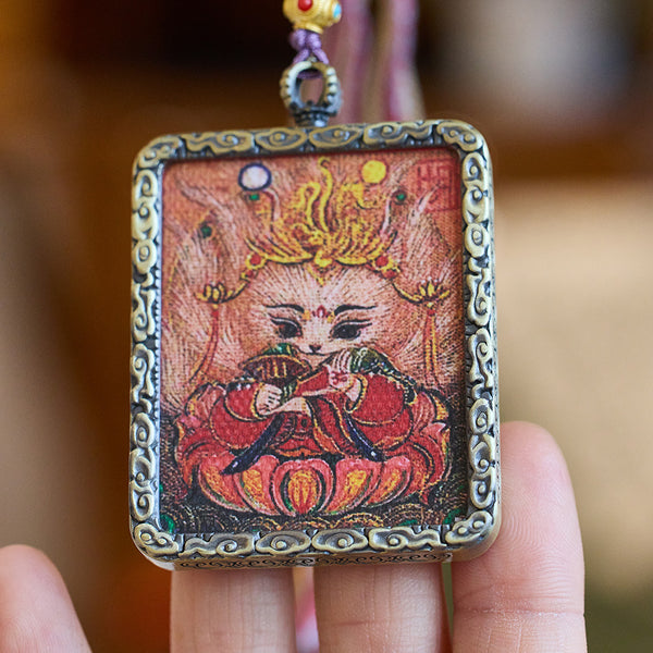 Tibetan Mythical Beast— Nine-Tailed Fox Thangka Amulet Pendant