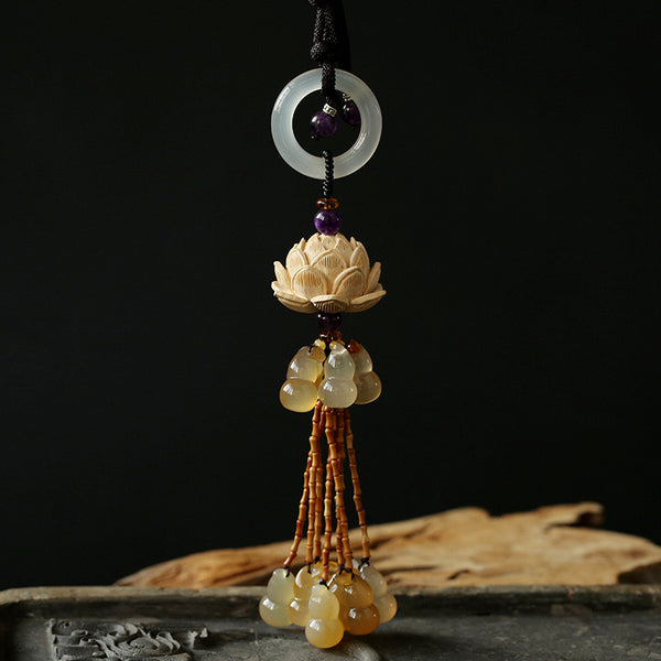 Protection And Peace— Yellow Poplar Wood Lotus Car Charm with Tassel