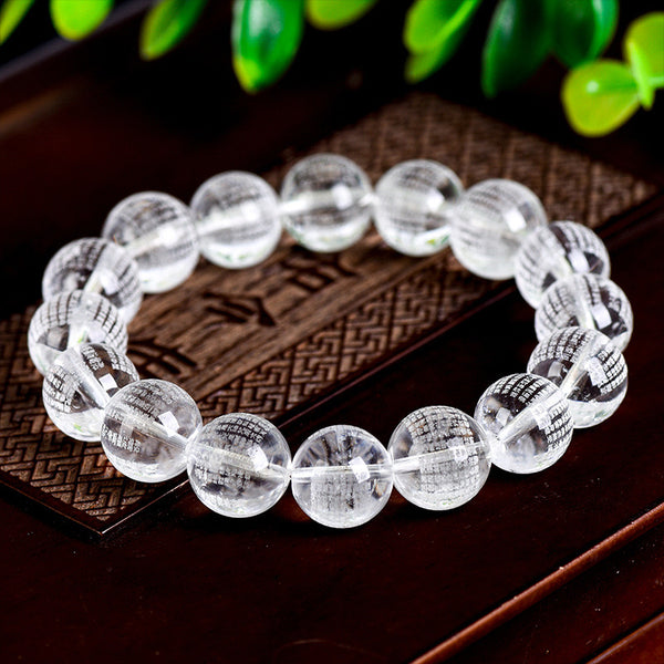 White Crystal Buddhist Beads with the Heart Sutra
